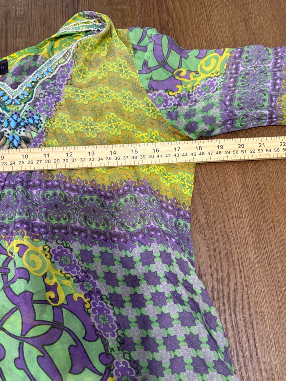 Hale Bob Silk Blend Beaded Boho Tunic Top Green Purple Size S - Picture 5 of 8
